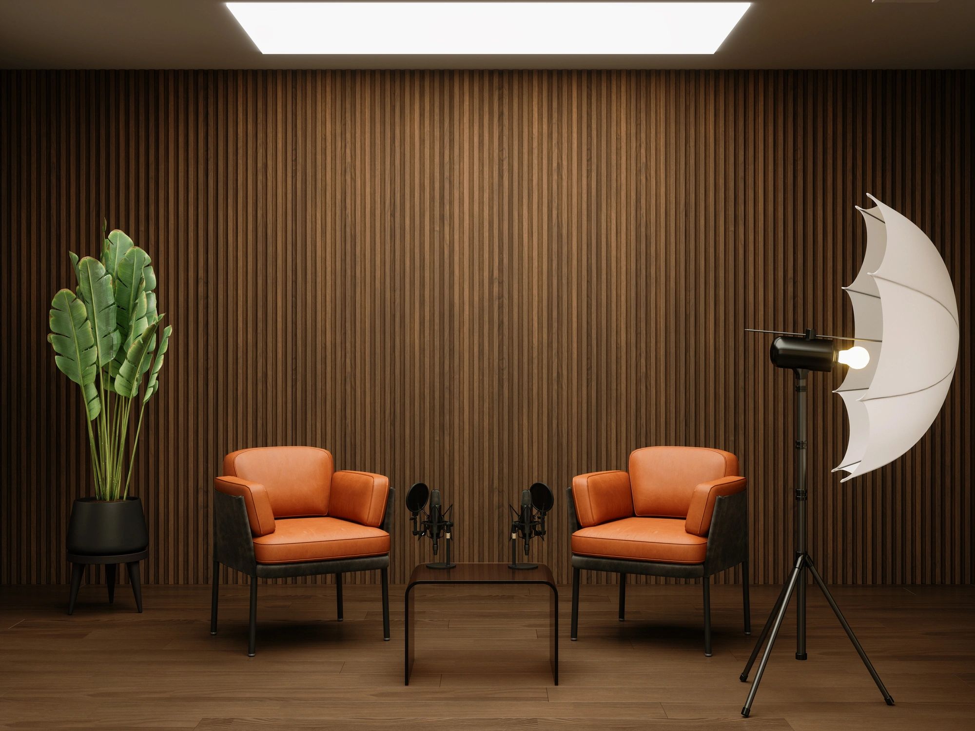 Podcast studio setup with microphones and seating